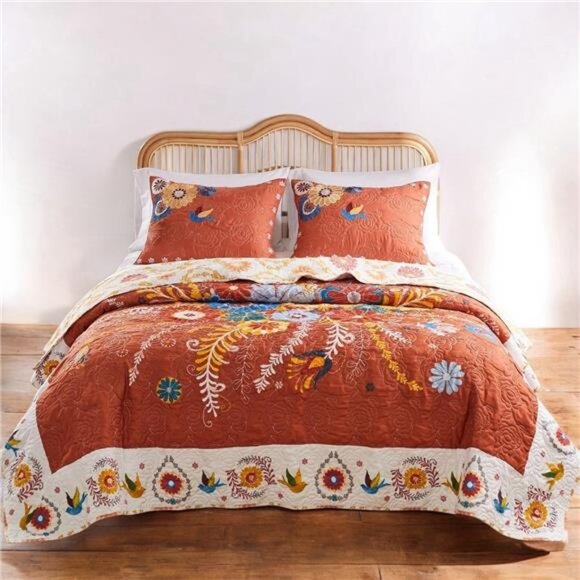 NEW Anthro Queen / King Floral Boho Reversible Quilt Bedspread Blanket Sham Set - Picture 4 of 13